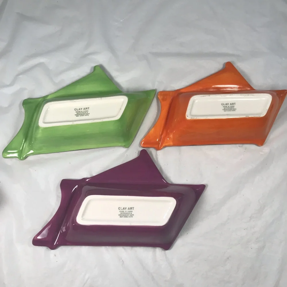 Clay Art Set of 3 Colorfully Striped Ceramic Serving Dip Chip Condiment Bowls